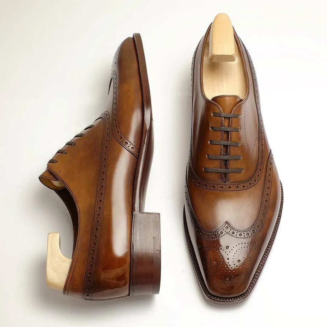 Height Increasing Tan Leather Cedara Brogue Wingtip Oxfords - Formal Shoes