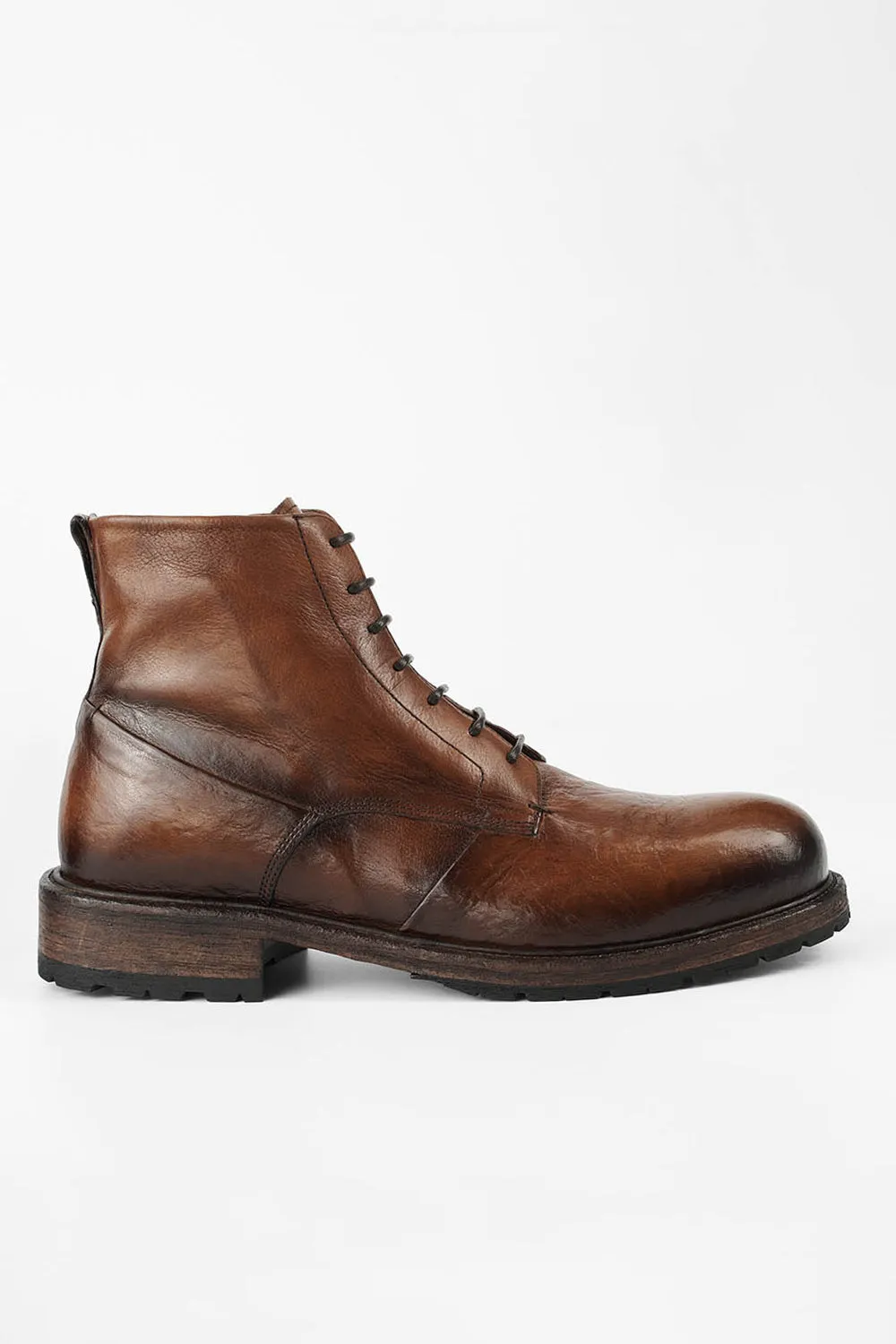 ROWLEY cognac folded lace up boots.