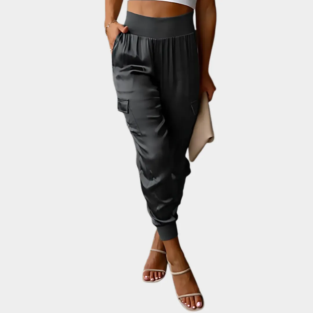 Women's Satin Cargo Trousers  Elastic Waist Office Casual Pants  Multiple Colours