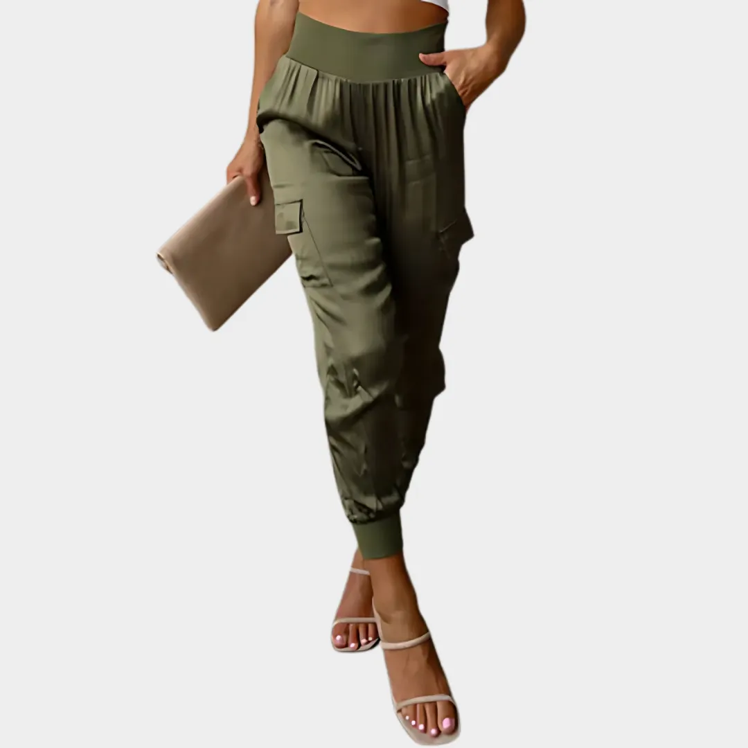 Women's Satin Cargo Trousers  Elastic Waist Office Casual Pants  Multiple Colours