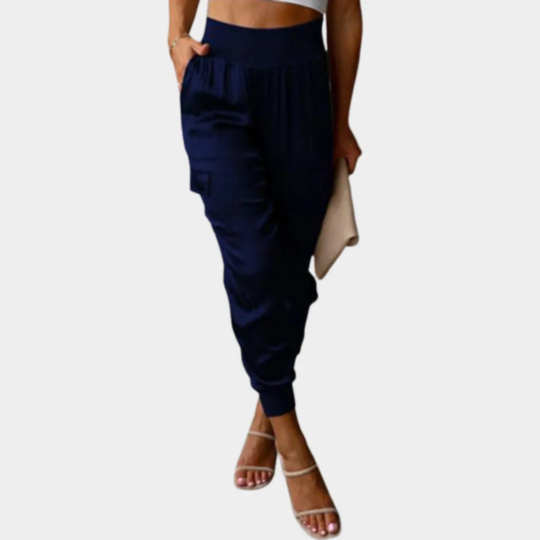 Women's Satin Cargo Trousers  Elastic Waist Office Casual Pants  Multiple Colours
