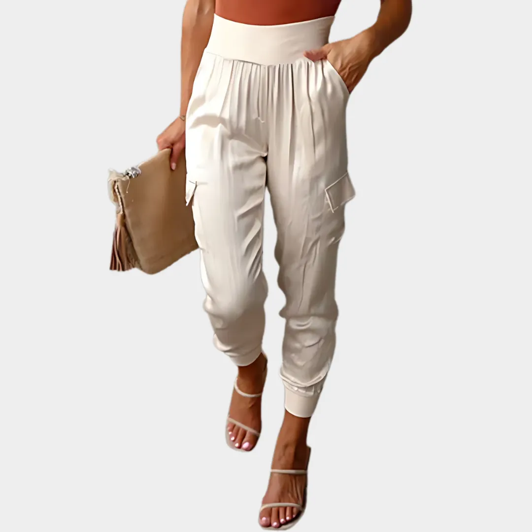 Women's Satin Cargo Trousers  Elastic Waist Office Casual Pants  Multiple Colours